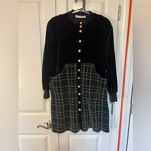 Sonia Rykiel Paris Black and Green Plaid Dress with gold accent buttons